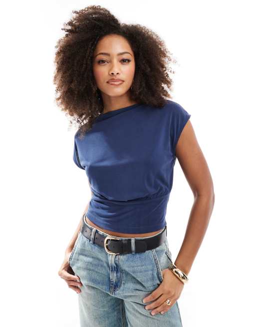 Top azul marino con cuello barco y cintura fruncida de ASOS DESIGN