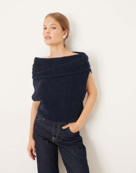 Top azul marino con escote Bardot plegado de punto de bouclé de ASOS DESIGN - view 1