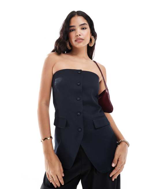 Top azul marino con escote palabra de honor de tejido texturizado de ASOS DESIGN (parte de un conjunto)