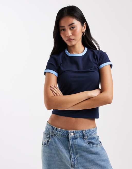 Top azul marino de manga corta con diseño encogido de ASOS DESIGN, 3 de 4