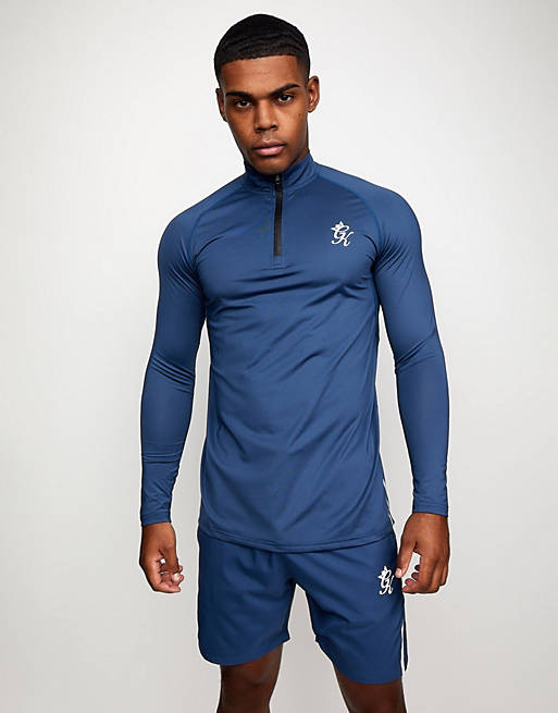 Hombre Tops | Top azul marino de manga larga con cremallera corta Sport Bolt de Gym King - BD62756