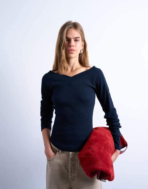 Top azul marino de manga larga con cuello de pico y mangas raglán de canalé de Topshop - view 1