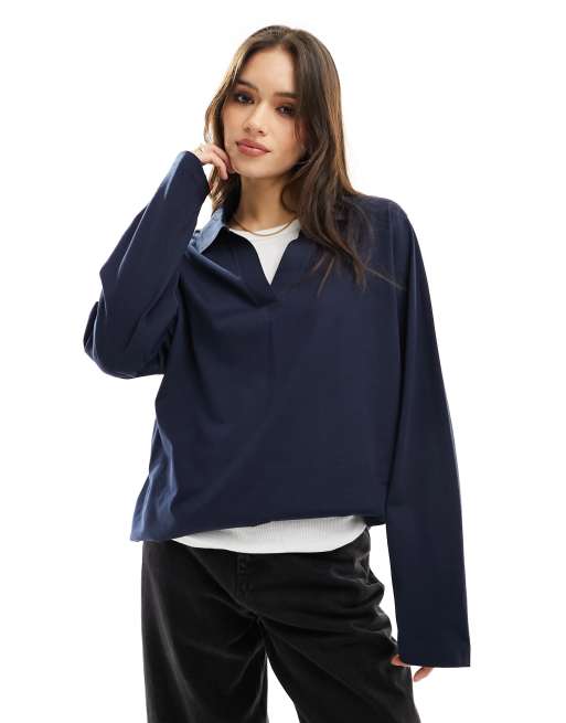 Top azul marino de manga larga con cuello estilo polo de ASOS DESIGN