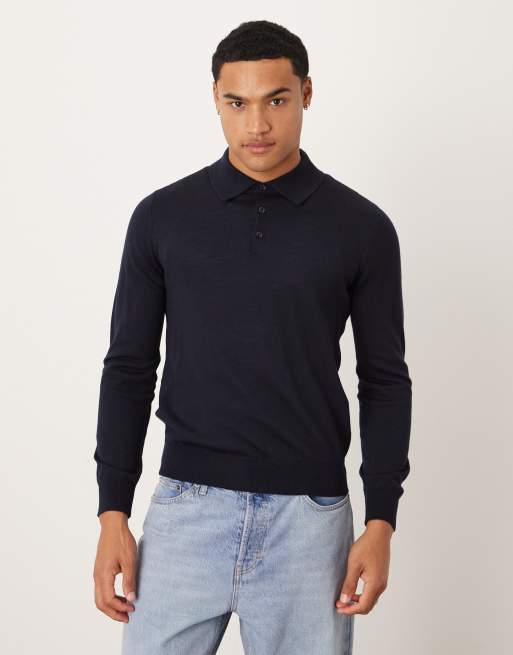 Top azul marino de manga larga con cuello tipo polo y botones de lana de Mango