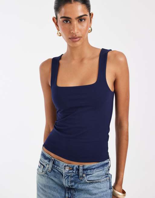 Top azul marino de tirantes con cuello cuadrado de tejido doble de ASOS DESIGN, 2 de 4