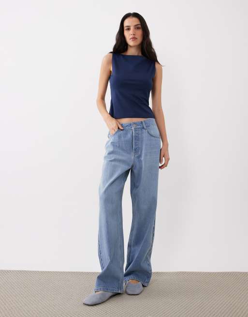 Top azul marino entallado con cuello barco de poliamida de ASOS DESIGN, 3 de 4