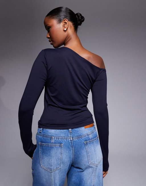 Top azul marino entallado con escote Bardot de ASOS DESIGN, 3 de 4