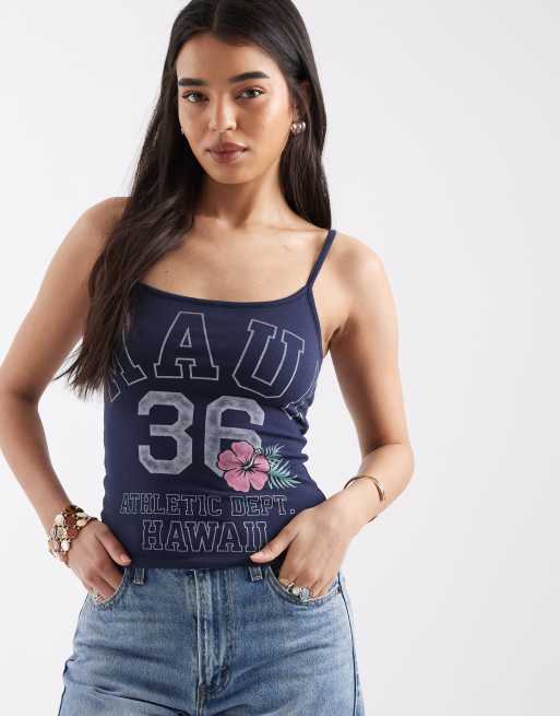 Top azul marino reversible de tirantes con estampado gráfico floral de Hollister