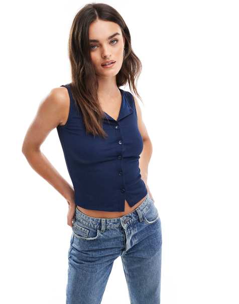 Top azul marino sin mangas abotonado de ASOS DESIGN - view 1