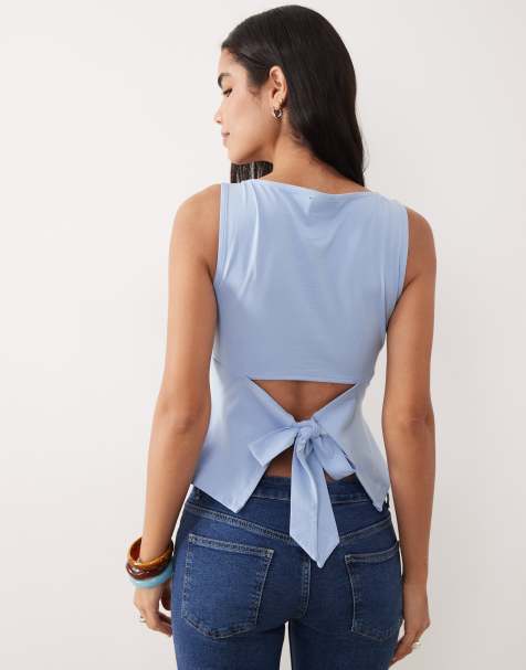 Top azul pastel sin mangas con cuello barco y lazada en la espalda de ASOS DESIGN - view 1