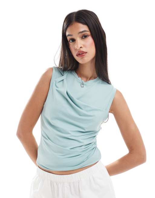 Top azul turquesa claro asimétrico sin mangas con detalle anudado de ONLY