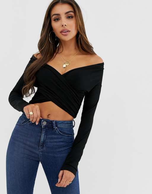 Top Bardot cruzado manga larga de ASOS DESIGN |