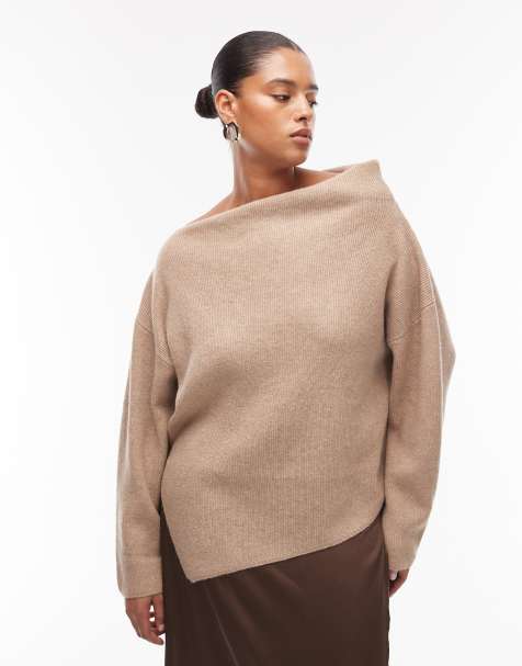 Top beis galleta con escote Bardot de punto de ASOS DESIGN Curve - view 1