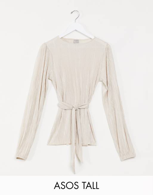 Top beis plisado con mangas tipo blusón y cinturón anudado de ASOS DESIGN Tall