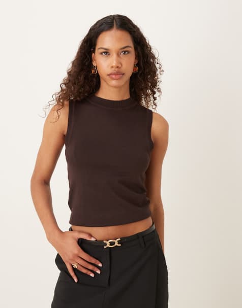 Top bez rękawów Mango z cienkiej dzianiny z wysokim kołnierzem w kolorze brązowym - view 1