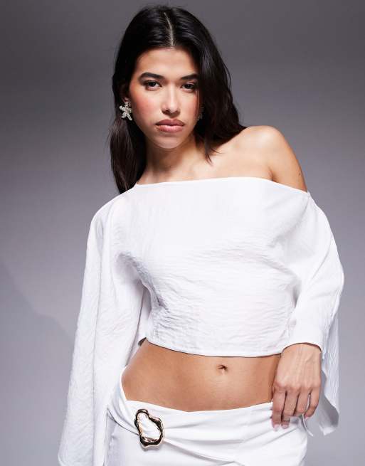 Top blanco con hombro caído asimétrico de chifón de Missyempire (parte de un conjunto), 3 de 4