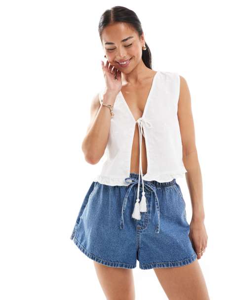 Top blanco con lazada delantera y bordados de mezcla de lino de ONLY - view 1