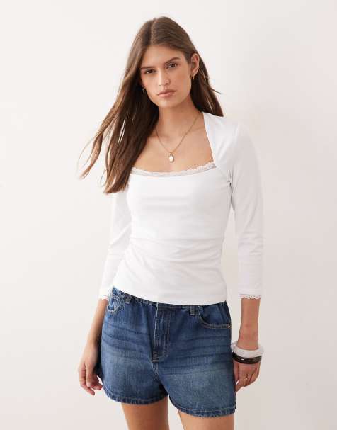 Top blanco con mangas 3/4 , escote cuadrado y bajo de encaje de ASOS DESIGN - view 1