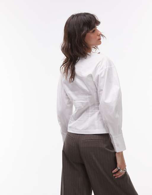 Top blanco con mangas barrel y cintura ceñida de popelina de Topshop, 3 de 4