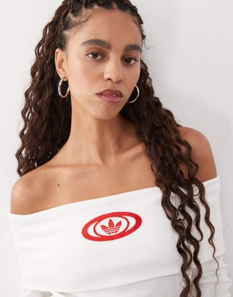 Top blanco de estilo años 2000 con escote palabra de honor de canalé de adidas Originals - view 1