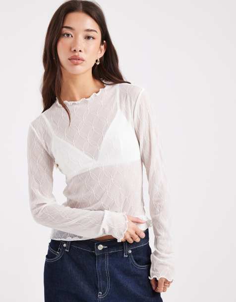 Top blanco de manga larga con cuello alto de tejido texturizado de Pieces - view 1