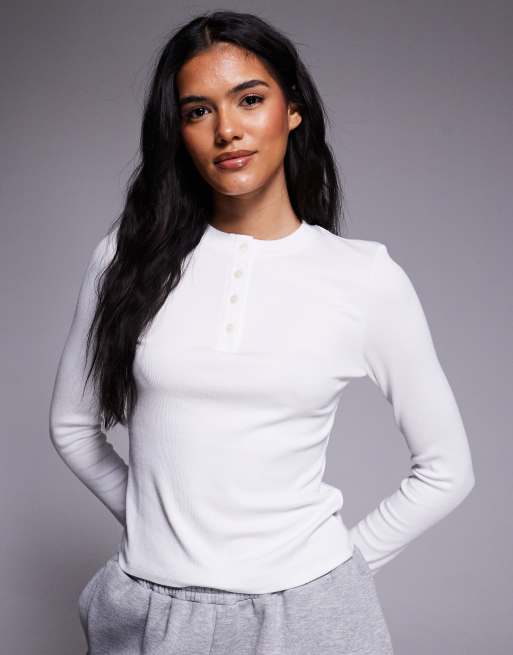 Top blanco de manga larga con cuello panadero de modal acanalado Rest Day de 4505