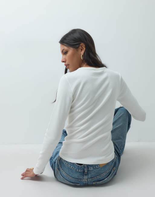 Top blanco de manga larga con cuello redondo de JDY, 3 de 4