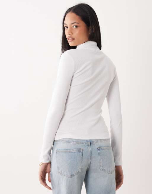 Top blanco de manga larga con cuello vuelto de canalé de Brave Soul, 4 de 4