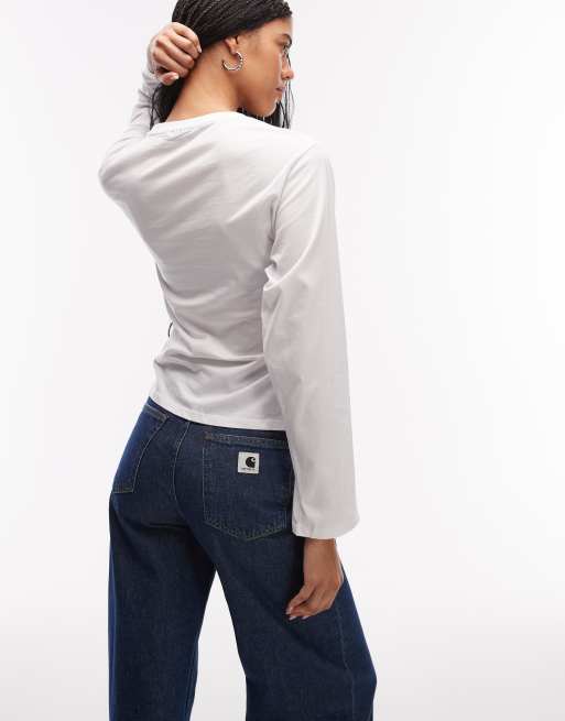 Top blanco de manga larga con detalle de lazada en la cintura de ASOS DESIGN, 3 de 4