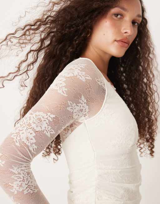 Top blanco de manga larga con escote corazón de encaje de Abercrombie & Fitch, 3 de 4