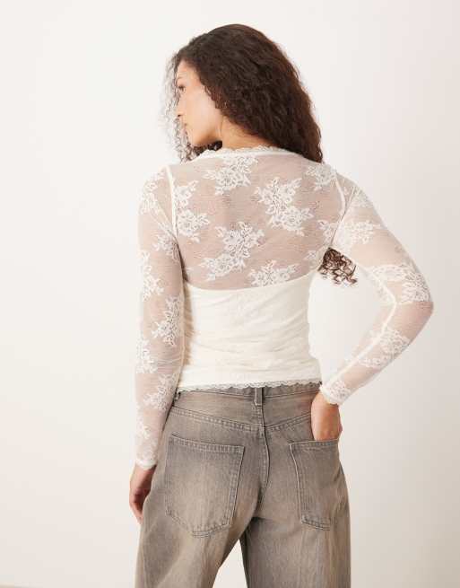 Top blanco de manga larga con escote corazón de encaje de Abercrombie & Fitch, 4 de 4