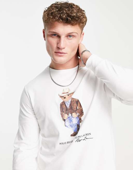 Top blanco de manga larga con estampado de oso vaquero de Polo Ralph Lauren