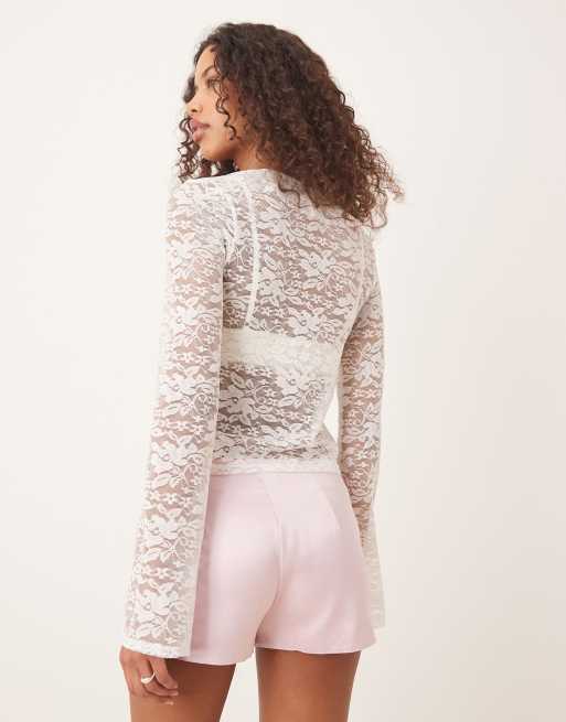 Top blanco de manga larga con volantes y detalle de corchete de encaje transparente de ASOS DESIGN , 3 de 4
