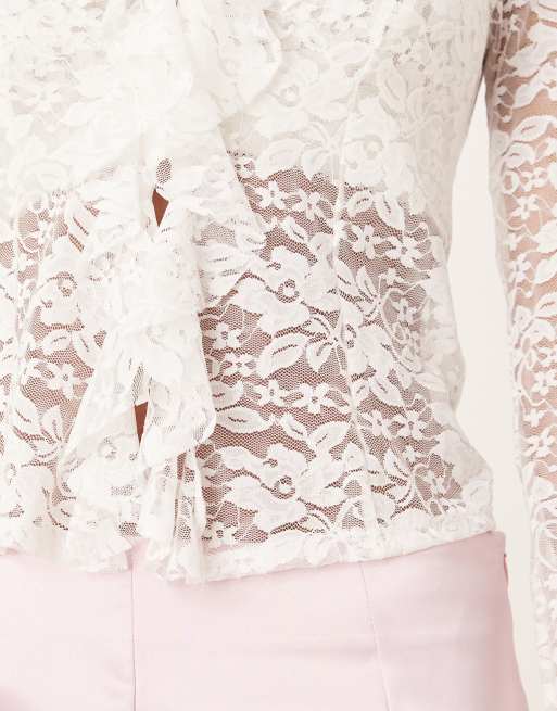 Top blanco de manga larga con volantes y detalle de corchete de encaje transparente de ASOS DESIGN , 4 de 4