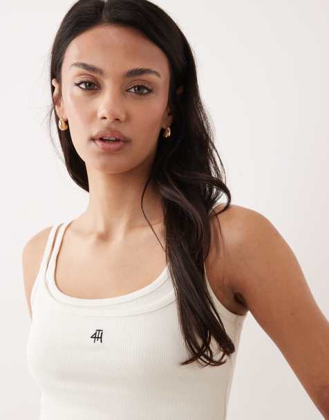 Top blanco de tirantes con diseño efecto doble capa y logo bordado de tejido rico en algodón de 4th & Reckless - view 1