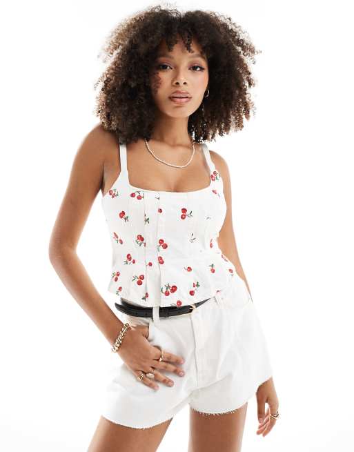 Top blanco de tirantes con estampado de cerezas de Mango