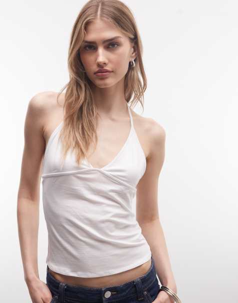 Top blanco de tirantes finos con cuello halter de pico de Weekday - view 1