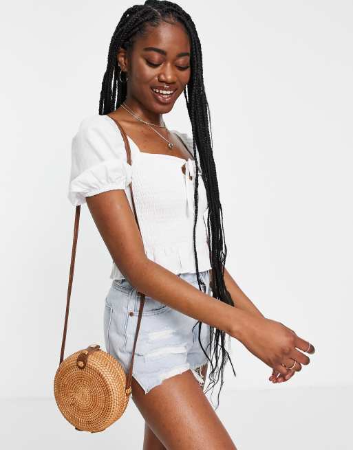 Top blanco fruncido con escote cuadrado y lazada de ASOS DESIGN