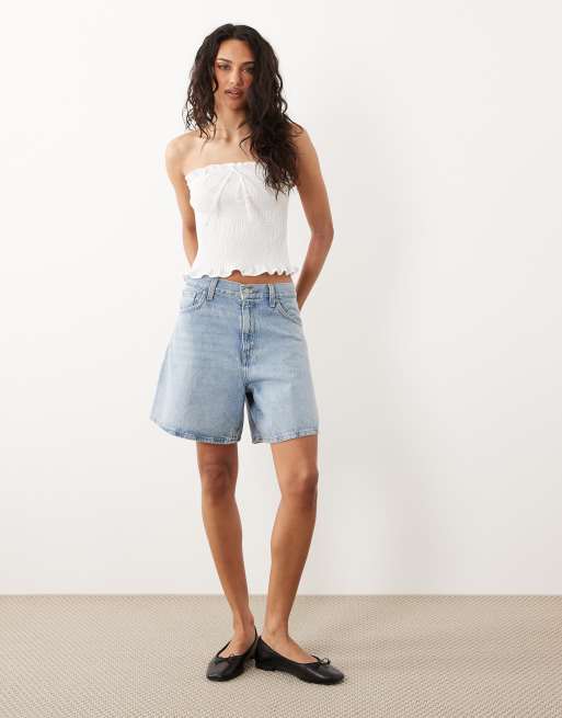 Top blanco fruncido con escote palabra de honor y lazada delantera de ASOS DESIGN, 3 de 4