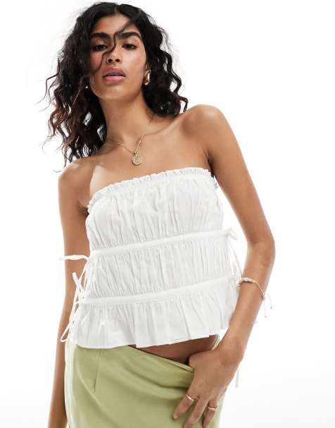 Top blanco fruncido con escote palabra de honor y lazadas de ASOS DESIGN - view 1