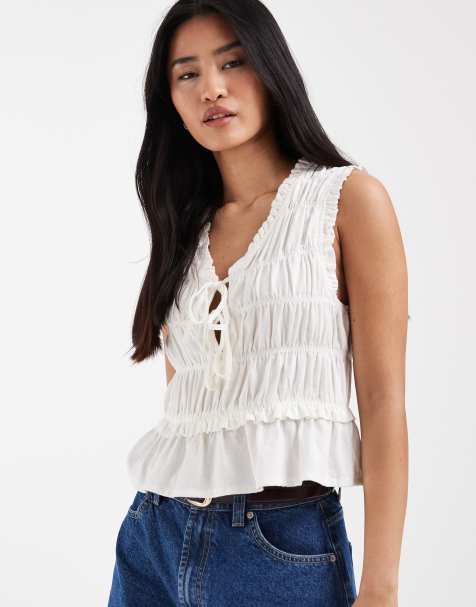 Top blanco fruncido con lazada delantera de mezcla de lino de ONLY - view 1