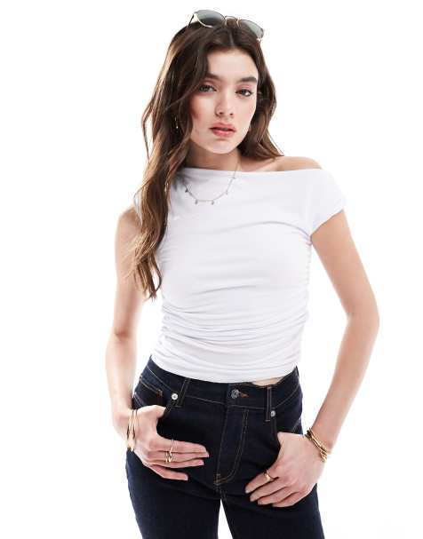 Top blanco fruncido de manga corta de canalé de Cotton On - view 1