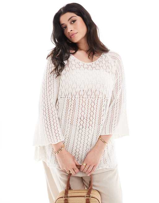 Top blanco hueso con mangas 3/4 de punto de ONLY Curve  