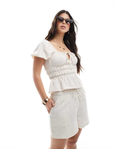Top blanco hueso con mangas abullonadas y lazada delantera de mezcla de lino de Brave Soul - view 1