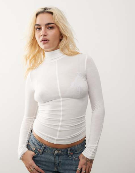 Top blanco hueso de manga larga con cuello alto y detalle de costura de tejido semitransparente Diba de Weekday - view 1