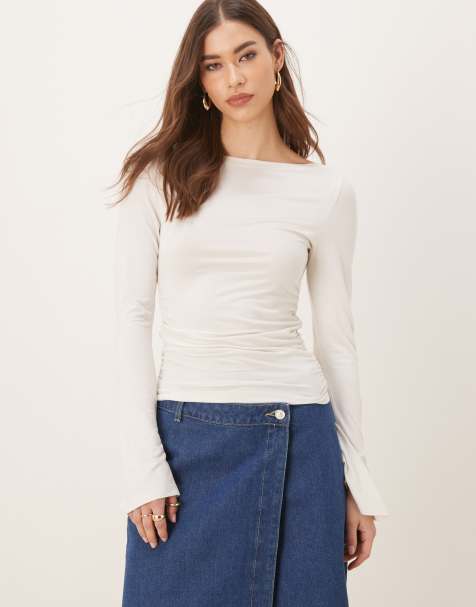 Top blanco hueso de manga larga con cuello barco de tejido suave de Gina Tricot - view 1
