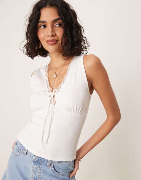 Top blanco hueso de tirantes con lazada delantera de canalé de Gina Tricot - view 1