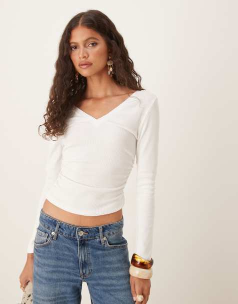 Top blanco marfil ceñido con cuello de pico y manga larga de canalé fino de ASOS DESIGN - view 1