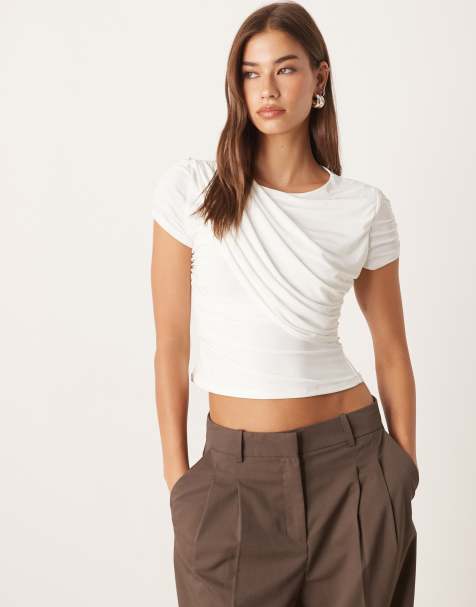 Top blanco marfil ceñido de manga corta con parte delantera drapeada de ASOS DESIGN - view 1