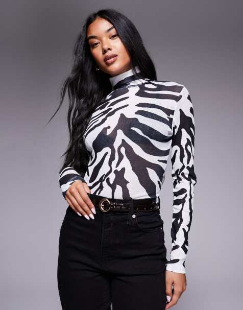 Top blanco marfil con patrón de cebra y cuello vuelto de malla transparente estilo gasa de ASOS DESIGN - view 1